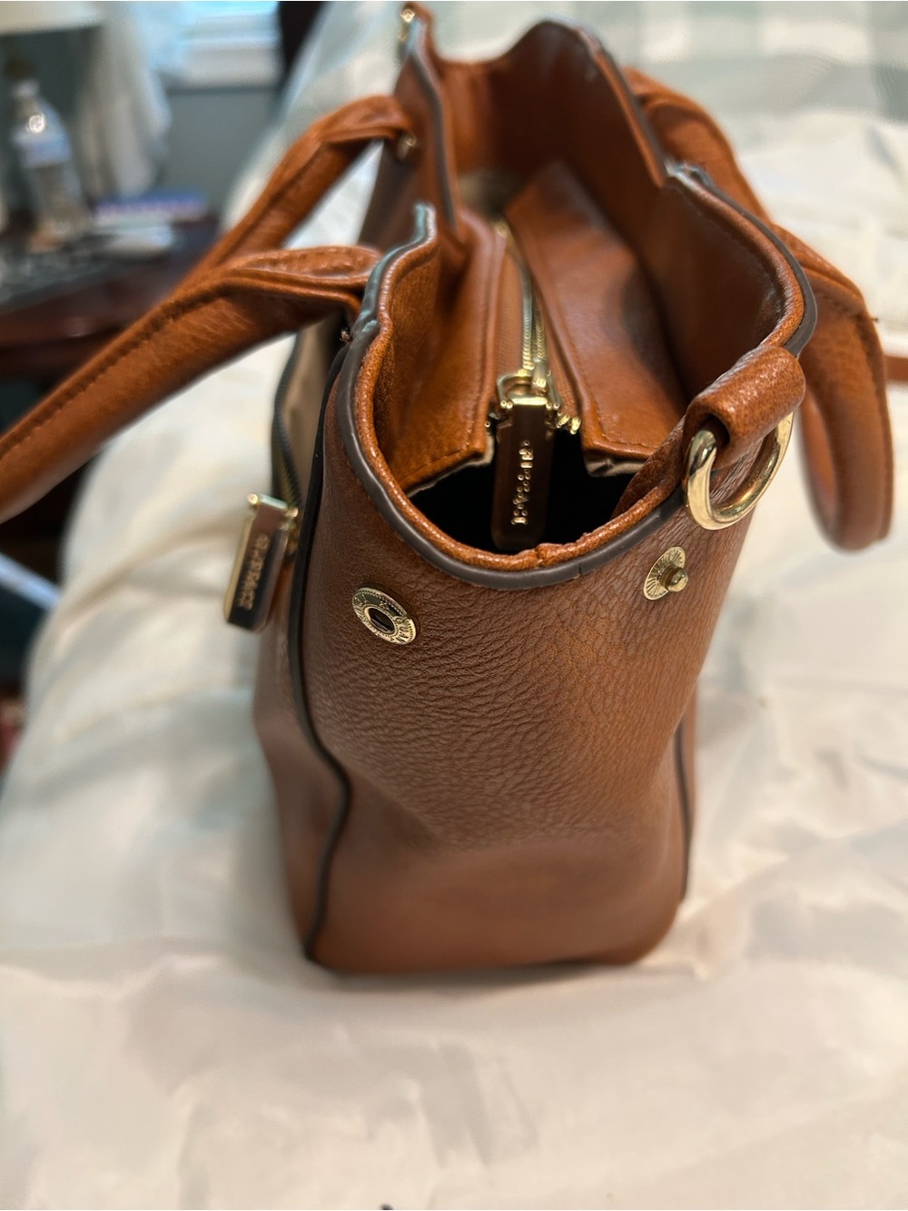 Gussaci Cognac Leather Satchel with Gold Hardware
